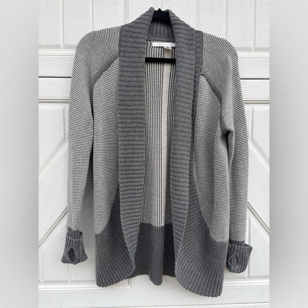 Max Studio Gray Colorblock Open Front Cardigan Thumbholes Size S